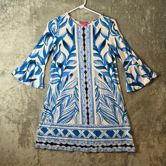 Lilly Pulitzer Dresses & Skirts - Lilly Pulitzer Shift Dress‎ Blue Palm Print with Bell Sleeves Sz XS